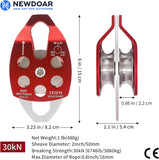 NewDoar 30 KN CE Certified Large Rescue Pulley Double Sheave with Swing Plate-Red 2pcs
