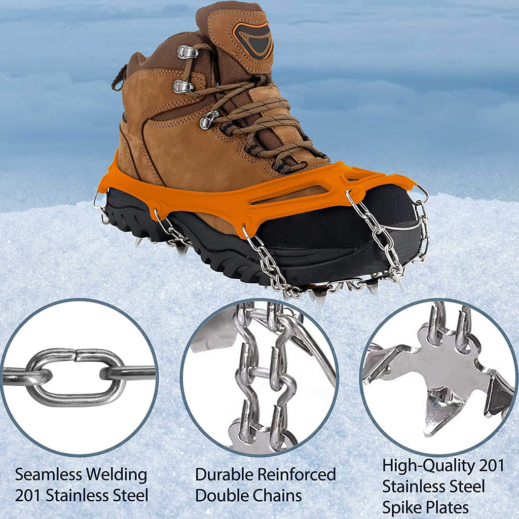 Crampons à glace Crampons Traction, poignées à neige pour bottes,  chaussures, antidérapantes 19 pointes en acier inoxydable et silicone  durable, protection sûre pour la marche, le jogging, l'escalade ou la  randonnée sur